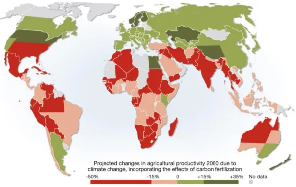 Figur 1. Förutsättningar att driva jordbruk år 2080 baserat på vilken effekt ökade  koldioxidutsläpp kommer att ha på jorden (UNEP/GRID-Arendal, 2009)