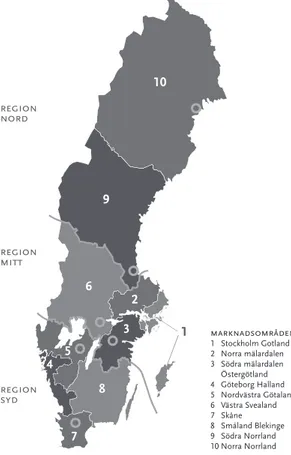 Figur 3 Intervjuade kontor och deras regions- och marknadsområdestillhörighet. Kontoren  ligger i Gävle, Örebro, Hässleholm, Luleå, Skövde och Linköping