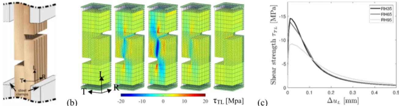 Figure 1: Shear test of adhesive-wood joints (glutin-based glue and European beech): (a) experimental setup; (b) shear stress (τ TL )  propagation (from left to right): initial (u L =0 mm), elastic, peak before failure (u L =0.196 mm), directly after failu