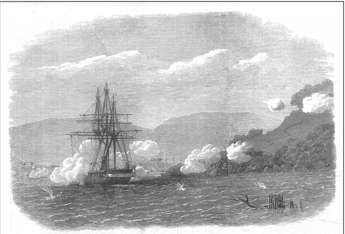 Illustration 1. ”H.M.S. Rinaldo bombarding Salangore, in the Strait of Malacca”  (Cropped  image) 