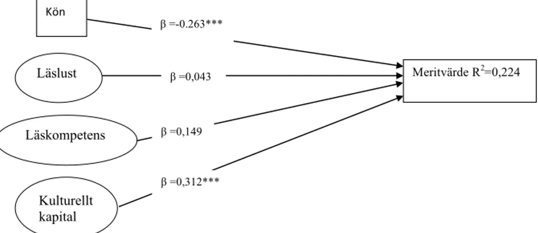 Figur 2.  Modell över relationer mellan de erhållna summavariablerna och Kön  å ena sidan och Meritvärde å andra för det totala urvalet