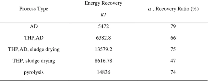 Table 2 shows the energy consumption and generation of the 5 processes. Based on the data  of the table the processes with thermal drying have the highest level of energy input around  9000 KJ/Kg