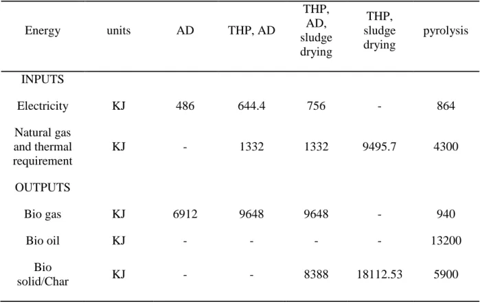 Table 2. Results of energy analysis for the pathways for 1kg dry solid feed  Energy  units  AD  THP, AD  THP, AD,  sludge  drying  THP,  sludge drying  pyrolysis  INPUTS  Electricity  KJ  486  644.4  756  -  864  Natural gas  and thermal  requirement  KJ  