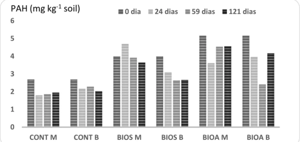 Figure  6:  PAH  in  soil  treated  in  microcosms  (M)  and  bioreactors  (B)  throughout  the  experiment  using  different  strategies  such  as  control  (CONT),  biostimulation  (BIOS),  bioaugmentation (BIOA)