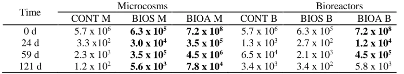 Table 7: Total heterotrophic microorganisms THM (FCU g -1  soil) in CONT, BIOS and  BIOA at 0, 24, 59 and 121 days of treatment