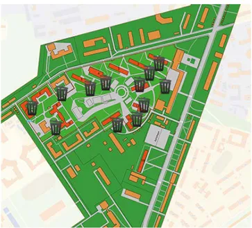 Figure 1. Students’ campus view plan with suggested placements of MSW containers [27]