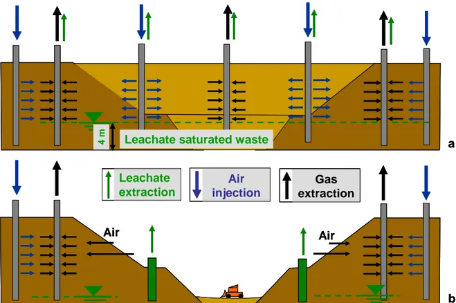 Figure 3. Transversal section of the area during the in situ aeration (a) and during the  excavation works (b)