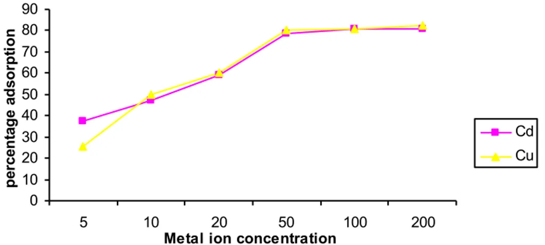 Figure 1. Influence of metal ion concentration on  percentage adsorption by sugarcane biomass.