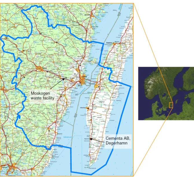 Figure 1. The geographical area of KSRR and the location of Moskogen waste facility and  Cementa AB, Degerhamn, in the south-east part of Sweden