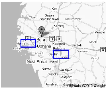 Figure 2: Sampling stations, Hazira and Sachin- industrial areas of Surat city    