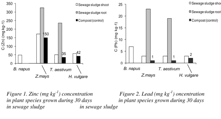 Figure 1. Zinc (mg kg -1 ) concentration                   Figure 2. Lead (mg kg -1 ) oncentration  in plant species grown during 30 days                   in plant species grown during 30 days   in sewage sludge                         in sewage sludge 