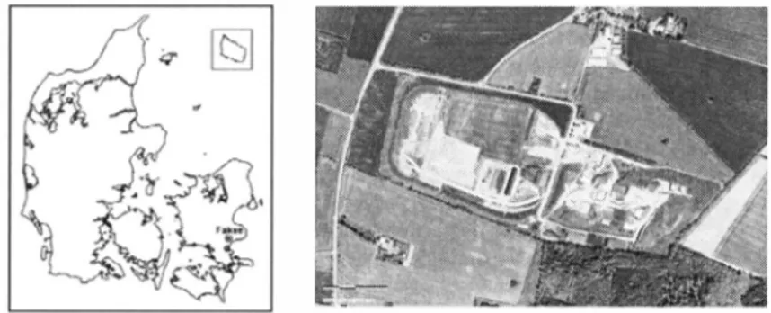 Figure  I.  a)  Map of Denmark showing the location of Fakse landfill.  b) Arial photo of Fakse  landfill showing the both section I (right) and section II (left)