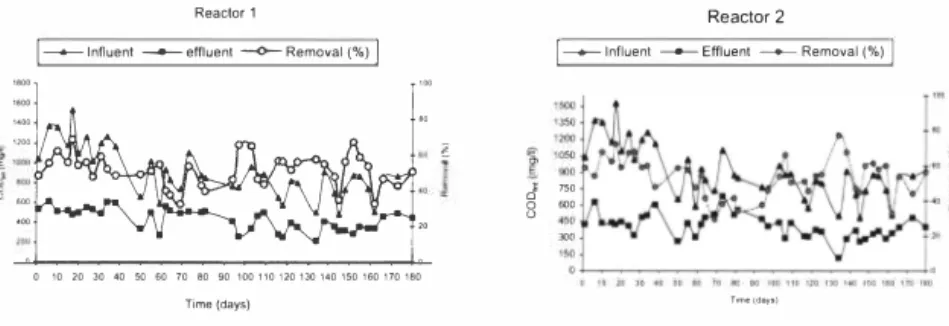 Figure 2.  COD, 01  influent and e.!Jluent concentrations and removal efficiencies/or RI  (left)  and R2 (right), 