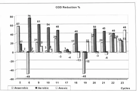 Figure 3: COD reduction efficiency of the different biological phases in the SBR. 