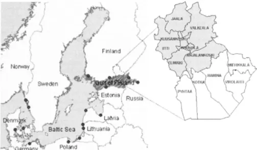Figure I.  The Kymenlaakso region and the most important oil terminals in the Baltic Sea [5,  6)