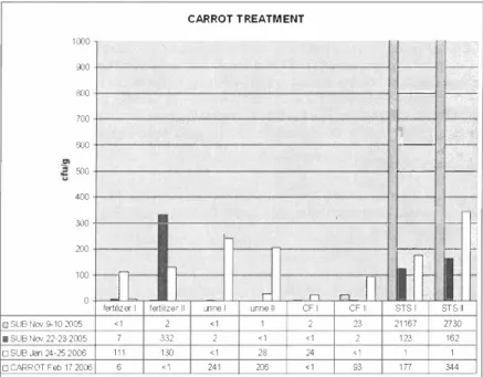 Figure IO.  Coliform bacteria in the carrot substrates and carrots. 