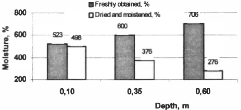 Figure 5. Moisture content (dry basis) for freshly extracted and for dried and moistened  rootfelt in dependence on depth of samples