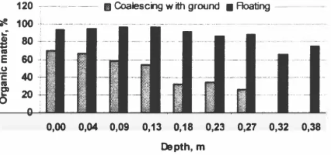 Figure 6.  Organic matter content of reed rootfe/t in dependence on l ay ers· depth  Dead organic matter of rootfelt are degraded in wetland gradually due to aerobic composting  process in upper  layer  and anaerobic digestion  process at a bottom