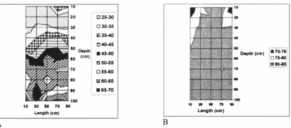 Figure 4. Moisture content in FBJ  (A = undisturbed peat) and FB2 (B= loose peat) after  experiment