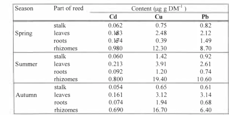 TABLE 1  The contents of cadmium, copper and lead in different parts of reed (VSB) 