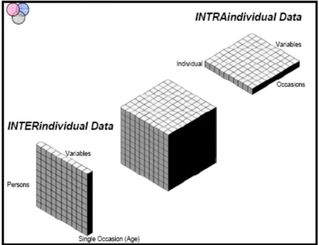 Figure 1. Cattell’s (1952) data box (middle) with two orthogonal slices corresponding to inter-individual variation (lower  left) and intra-individual variation (upper right)