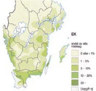 Figur 1. Kartan visar andelen ek av trädslagen i Sverige. (Ek m fl. 2005) 