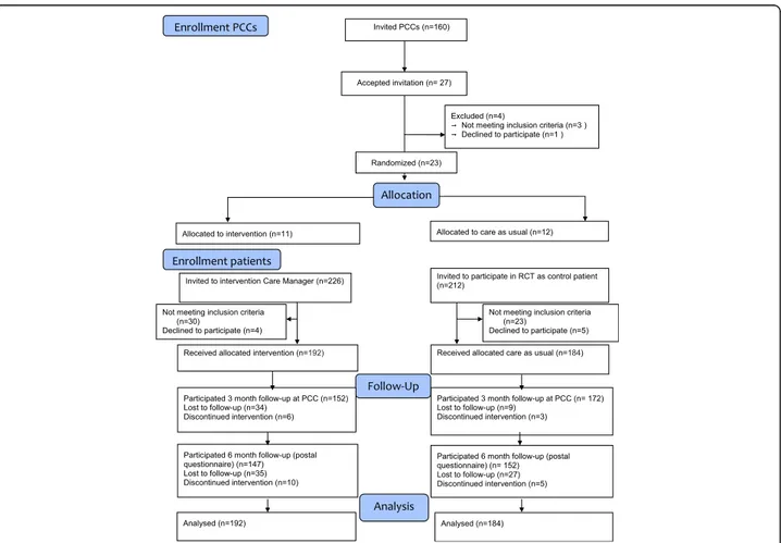 Fig. 1 Consort flow chart of the PRIM-CARE RCT. PCCs engaged in the study and patients recruited in the study at the intervention and control PCCs from baseline and 3 and 6 months follow-up (15)
