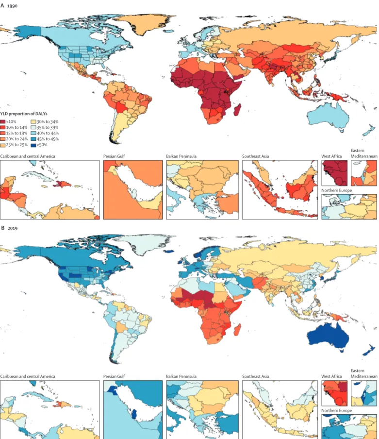 Figure 3: Proportion of total DALYs contributed by injury and non-communicable disease YLDs, by country or territory, 2019 Proportions were rounded to the nearest whole number
