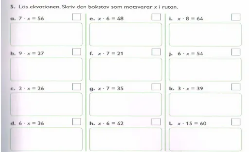 Figur 3. Exempel på en skriftlig uppgift som innehåller variabler som obekanta tal  (Gamma, s.185)  Undvall, L