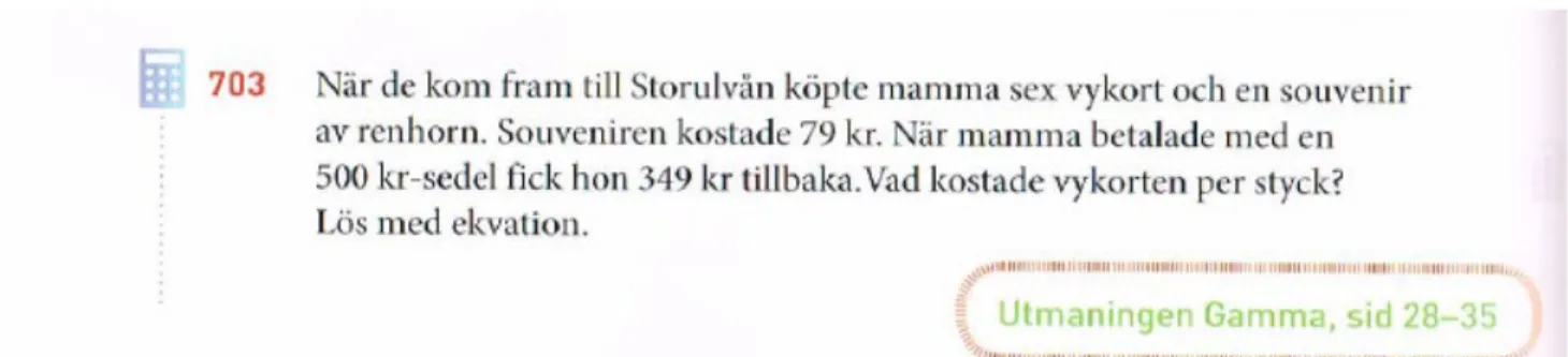 Figur 5. Två exempel på generaliserade tal bland två obekanta tal. I uppgifterna 629 och 631 ska eleven skriva och förenkla  uttryck (Matematikboken Gamma, 2013, s.169)