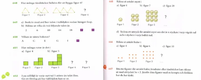 Figur 8. Exempel på enklare talföljder (Matematikboken Gamma, 2013, s.174)  