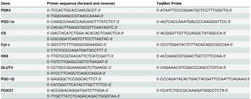 Table 1. Primer and TAQMAN probe sequences used for real-time PCR. PDK4, pyruvate dehydrogenase kinase 4; PGC-1 α, peroxisome proliferator- proliferator-activated receptor- γ coactivator-1α CS, citrate synthase; Cyt c, cytochrome c oxidase, HKII, hexokinas