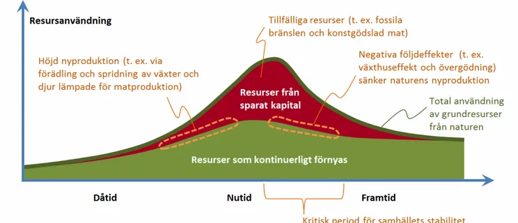 Figur 4. Principskiss över global användning av basresurser från naturen (mat, energi, fibrer,  mineraler etc.) och en föreliggande risk för en framtida resursbubbla