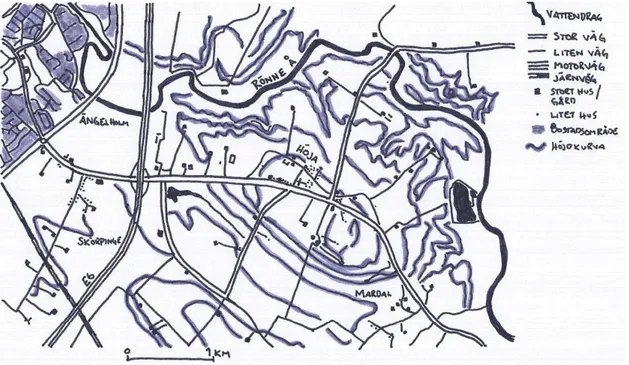 Figur 6. Ängelholm, Skörpinge, Höja och Mardal.  De två våtmarkerna syns öster om E6:an och till höger i bild