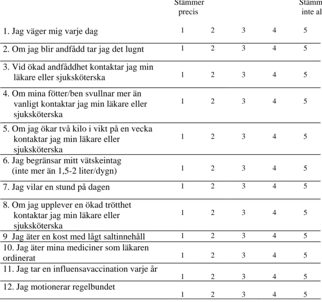 Tabell 1. Europeiska beteendeskalan för egenvård vid hjärtsvikt (Jaarsma, Strömberg,  Mårtensson, Dracup, 2003)