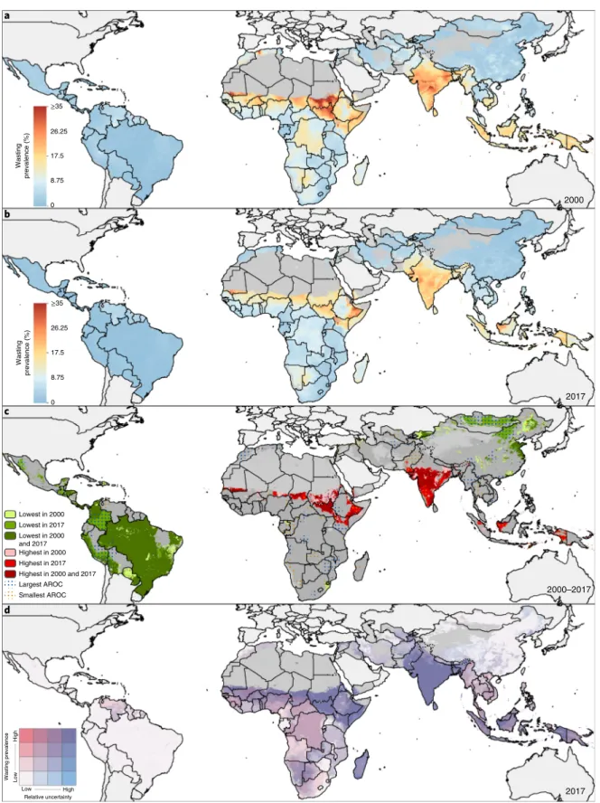Fig. 3 | Prevalence of wasted children under 5 in LMiCs (2000–2017). a–c, Prevalence of moderate and severe wasting among children under 5 at a  5  × 5-km resolution in 2000 (a) and 2017 (b)