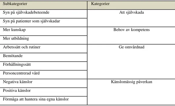 Tabell 2: Översikt över subkategorier och kategorier 