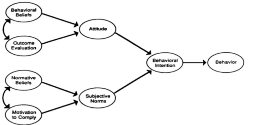 Figur 1: Modellen - Theory of Reasoned Action (Vallerand, Deshaies, Cuerrier &amp; Pelletier,  1992, s