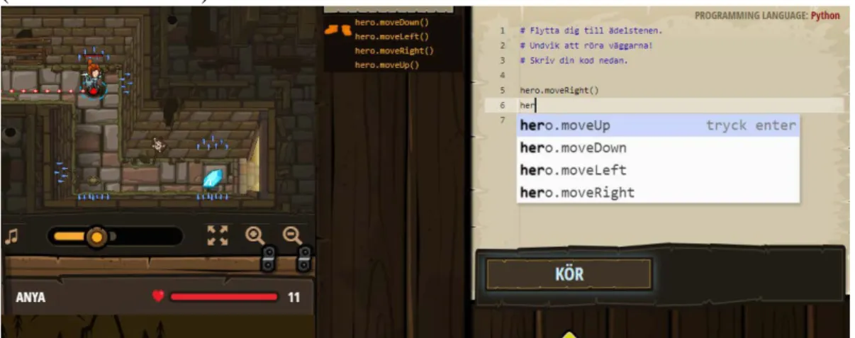 Figur 2:  CodeCombat  programmering med Python textbaserat programmeringsspråk 