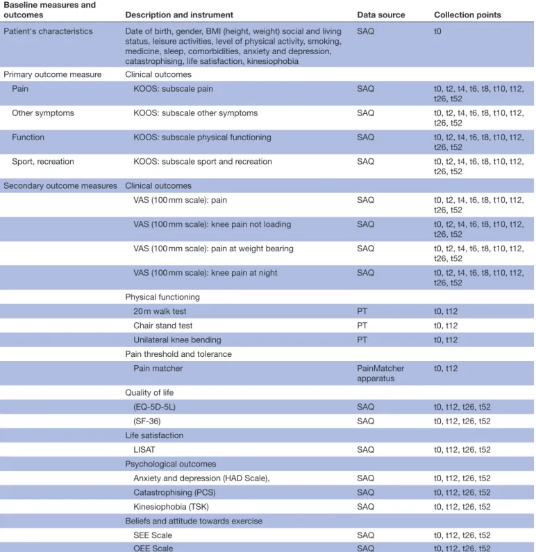 Table 2  Study measures to be collected Baseline measures and 