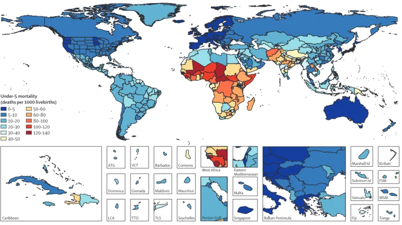 Figure 1: Under-5 mortality rates by GBD subnational Level 1 geography, both sexes combined, 2015