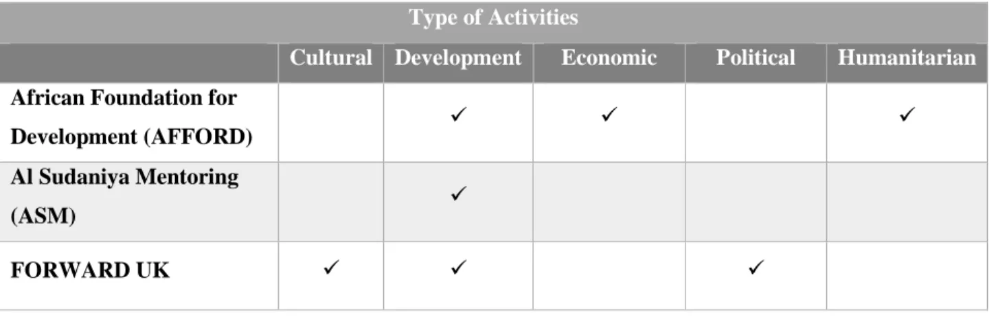 Table 1: Thematic activity areas of diaspora organisations interviewed   Type of Activities 