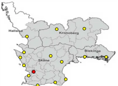 Fig. 2. Southern Swedish hospital region, where the yellow bullets represent normal hospitals and the red bullet represents the thrombectomy center.