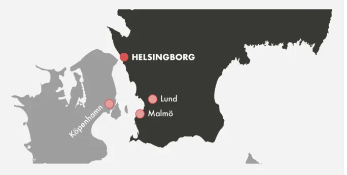 Figur 1.3. Helsingborg med omnejd, egen bearbetning. Karta: Wikimedia Commons. 