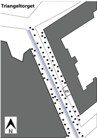 Figur 8. Illustration: Södra Förstadsgatan med trafik               Figur 9. Illustration: Södra Förstadsgatan som                      gågata  