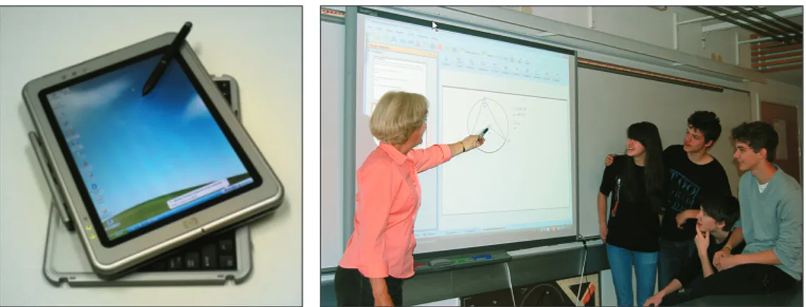 Figur 2: Tablet-PC och interaktiv skrivtavla. Med hjälp av dessa kan handskrivna anteckningar och  kommentarer till arbete med ett matematikprogram sparas elektroniskt och göras tillgängliga för eleverna.