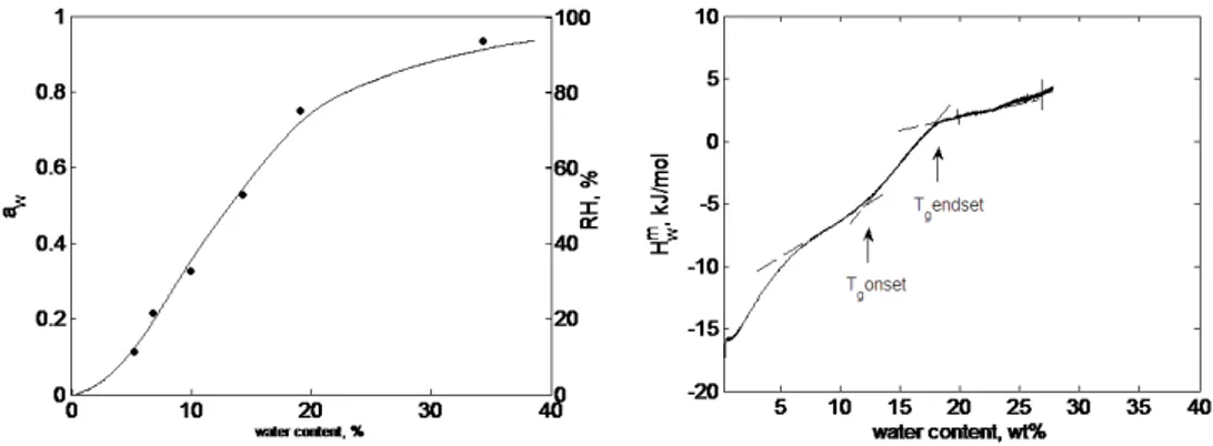 Figure 2.2  Sorption isotherms of PGM (left) obtained by sorption calorimetry  (solid line) and a gravimetric method (circles)