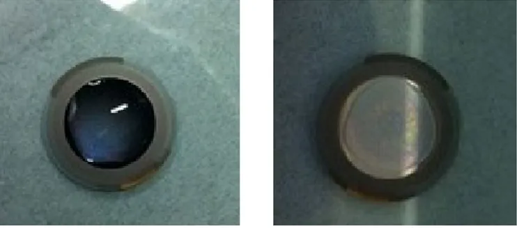 Figure 2.3  Drop deposition on QCM-D SiO 2  sensor: drop of PGM solution  (left) and dried drop of PGM solution (right)