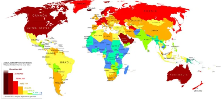 Figure 1 – Energy Consumption per person by country, 2010  (“MAP: How much energy is the world using?,”2016.) 