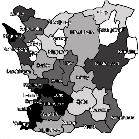 Figur	
  4	
  Utbildningsnivåer	
  (andel	
  av	
  befolkningen	
  med	
  minst	
  två	
  års	
  eftergymnasial	
  utbildning)	
  i	
   Skånes	
  33	
  kommuner.	
  